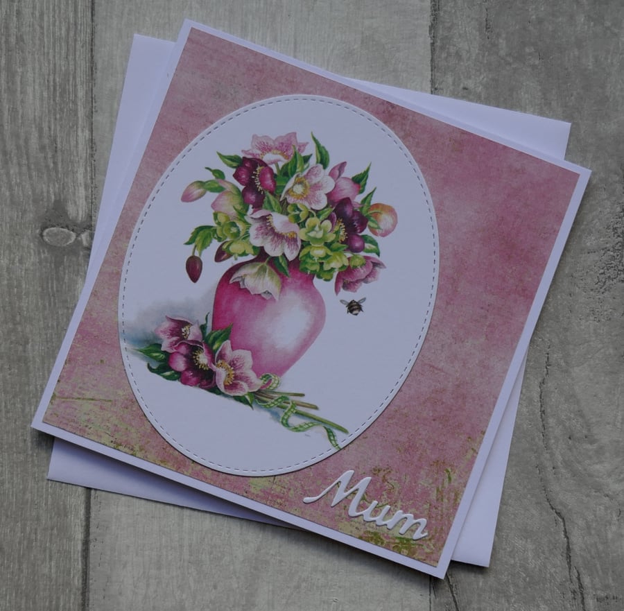Pink Vase with Pink Flowers - Mum - Birthday or Mother's Day Card
