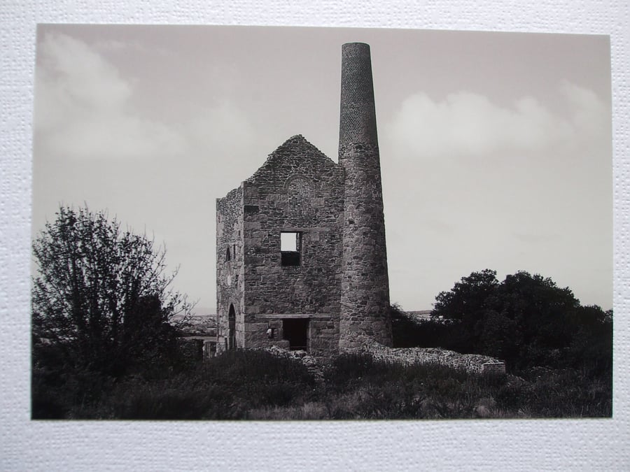 Photographic greetings card of Wheal Peevor Tin Mine, Cornwall, in monochrome.