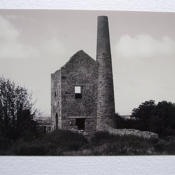 Photographic greetings card of Wheal Peevor Tin Mine, Cornwall, in monochrome.