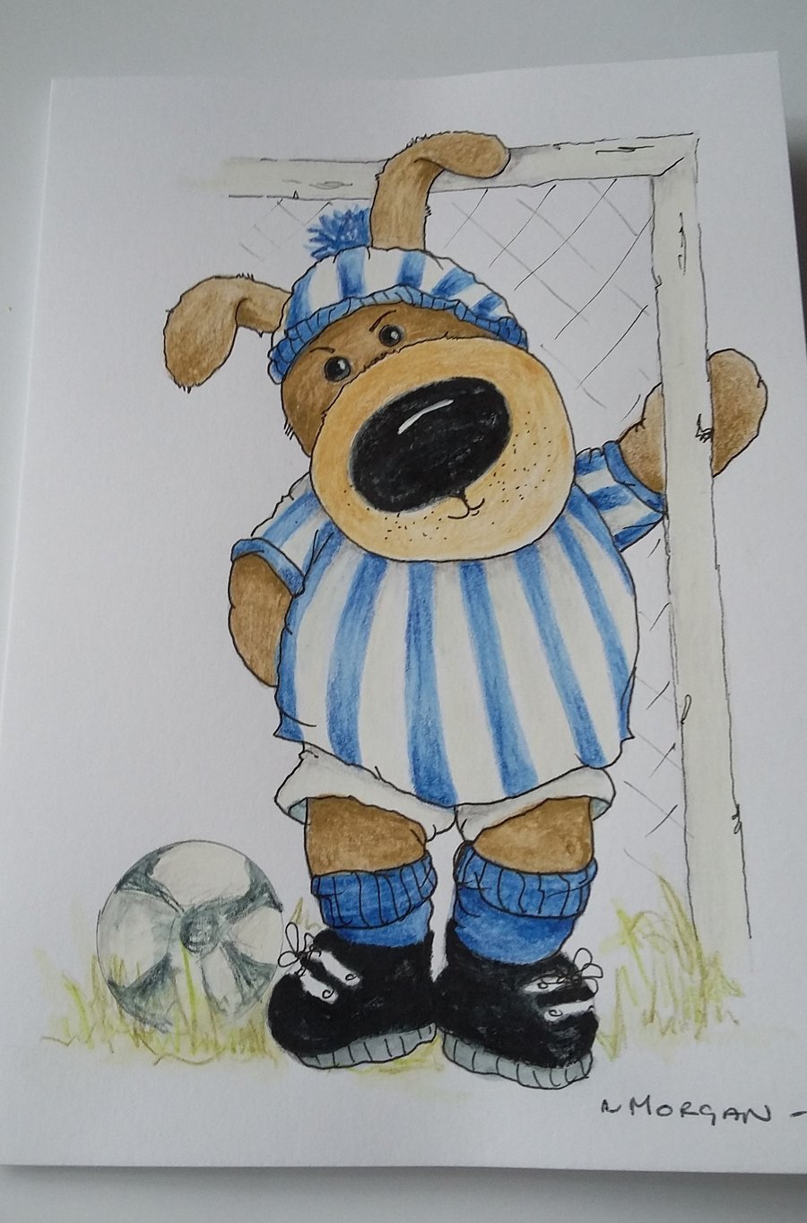 HAND PAINTED WATER COLOUR CARD CARTOON DOG PLAYING FOOTBALL