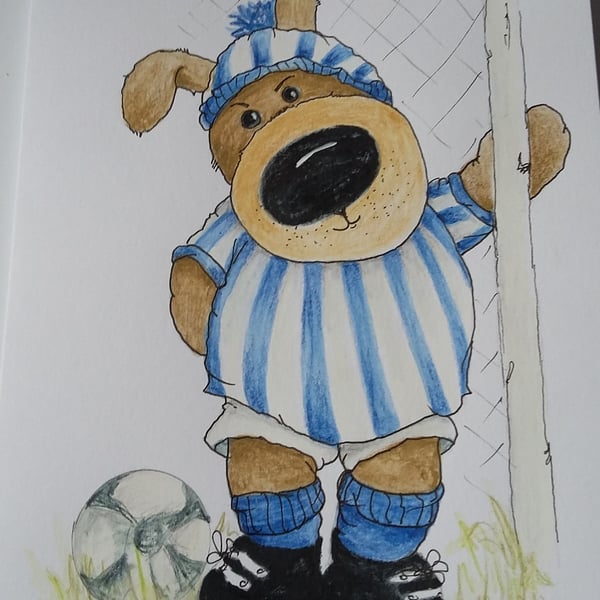 HAND PAINTED WATER COLOUR CARD CARTOON DOG PLAYING FOOTBALL