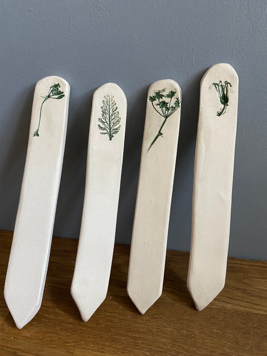 Ceramic stoneware sustainable plant markers set 4 real leaf impressions 