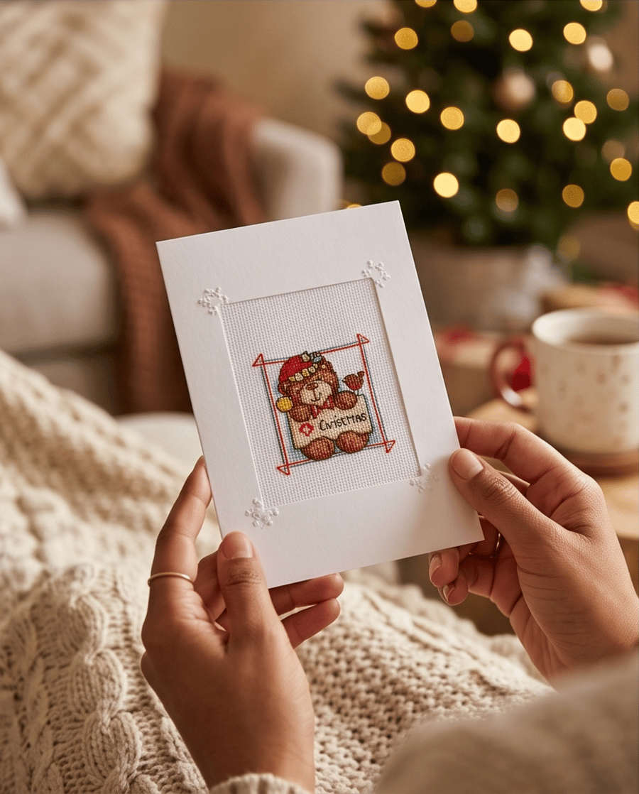 Christmas Teddy Bear Cross Stitch Card, Hand Embroidered Festive Keepsake