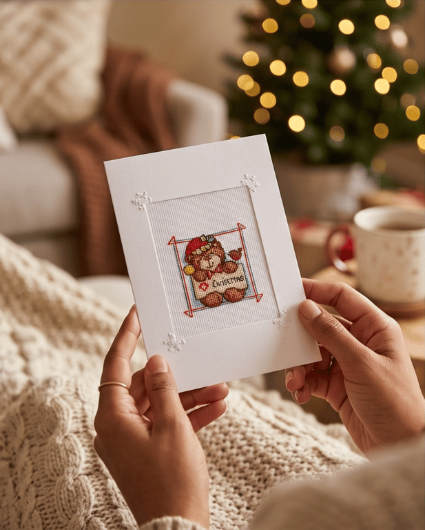 Christmas Teddy Bear Cross Stitch Card, Hand Embroidered Festive Keepsake
