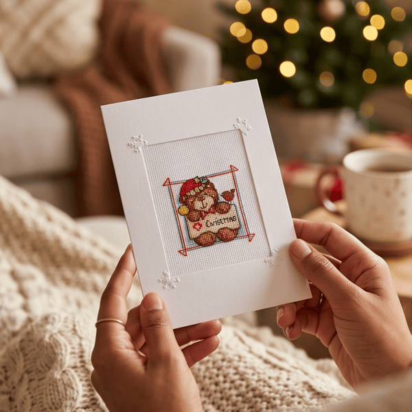 Christmas Teddy Bear Cross Stitch Card, Hand Embroidered Festive Keepsake