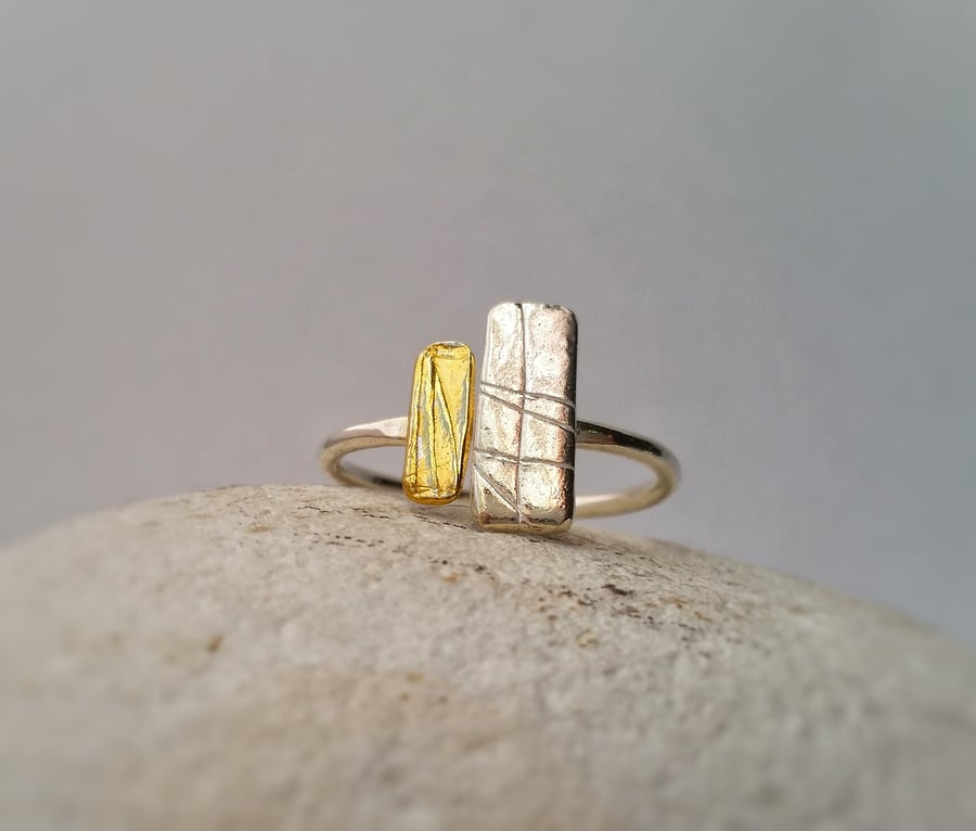 Organic feel adjustable silver ring with 24ct gold detail 