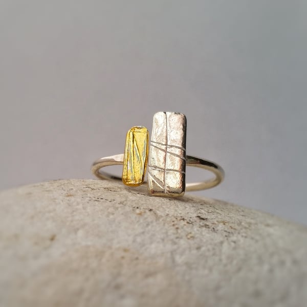 Organic feel adjustable silver ring with 24ct gold detail 