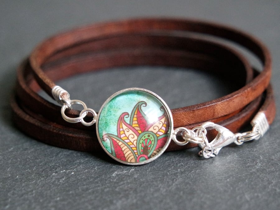 Sterling Silver Indian Flower Leather Wrap Brac... Folksy