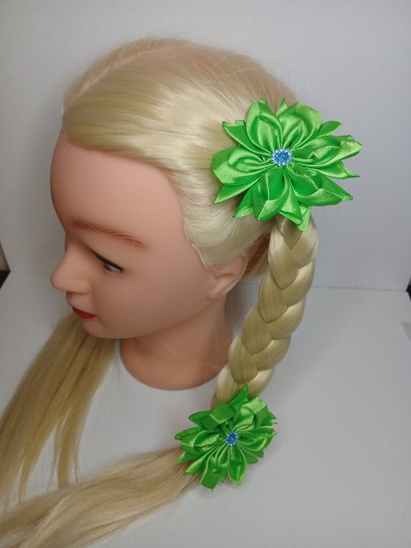 Cute Green Flower Hair Bun, Crystal Centre Satin Bows, Birthday Gift for Girl