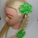 Cute Green Flower Hair Bun, Crystal Centre Satin Bows, Birthday Gift for Girl