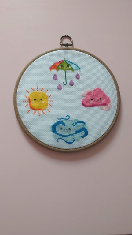 kawaii style weather cross stitch hoop art
