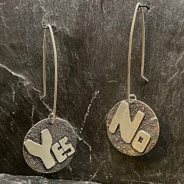 Long “Yes No” handmade, recycled Sterling Silver Earrings 