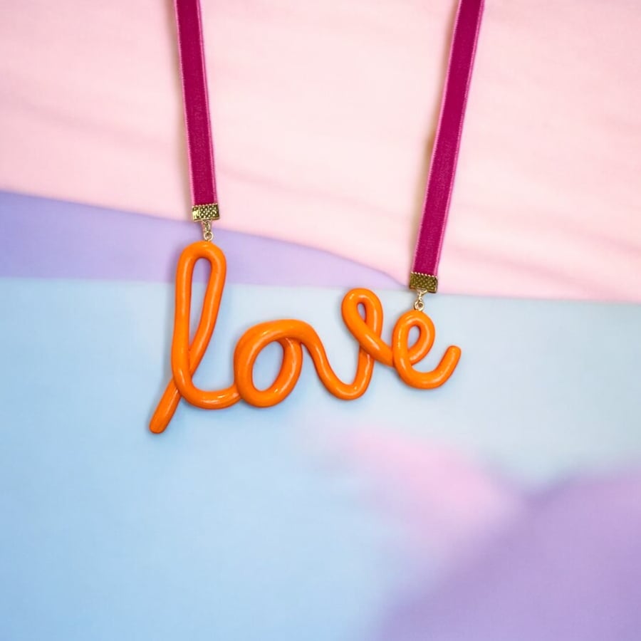 Handmade Polymer Clay LOVE Necklace – Modern Word Pendant on Velvet Ribbon