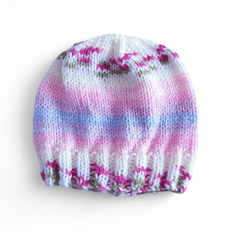 Hand Knitted Baby Hat 0-3 Months, Pink Flowers Beanie, Girls Hat, Baby Gifts