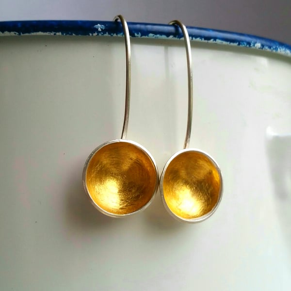 contemporary Silver and 24 ct gold cup drop earrings  