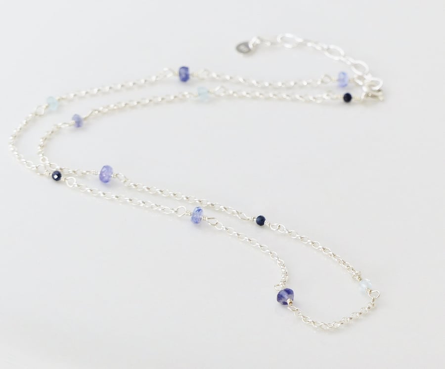 Dainty multi gemstone necklace, blue sapphire, tanzanite, aquamarine, iolite