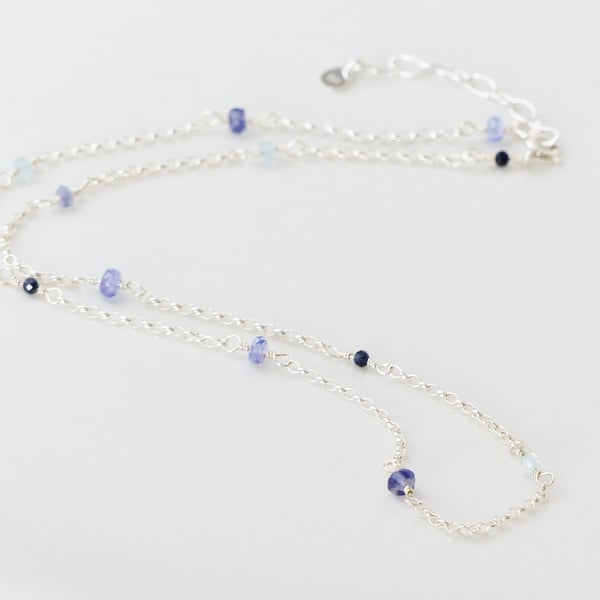 Dainty multi gemstone necklace, blue sapphire, tanzanite, aquamarine, iolite