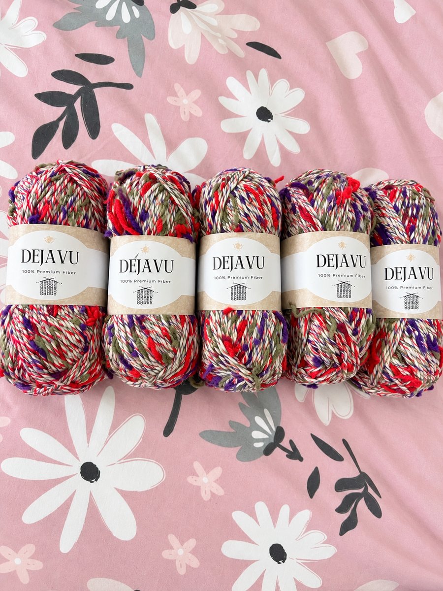 Dejavu Multicoloured Yarn Bundle 600g Red Purple Green Cream Knitting Crochet