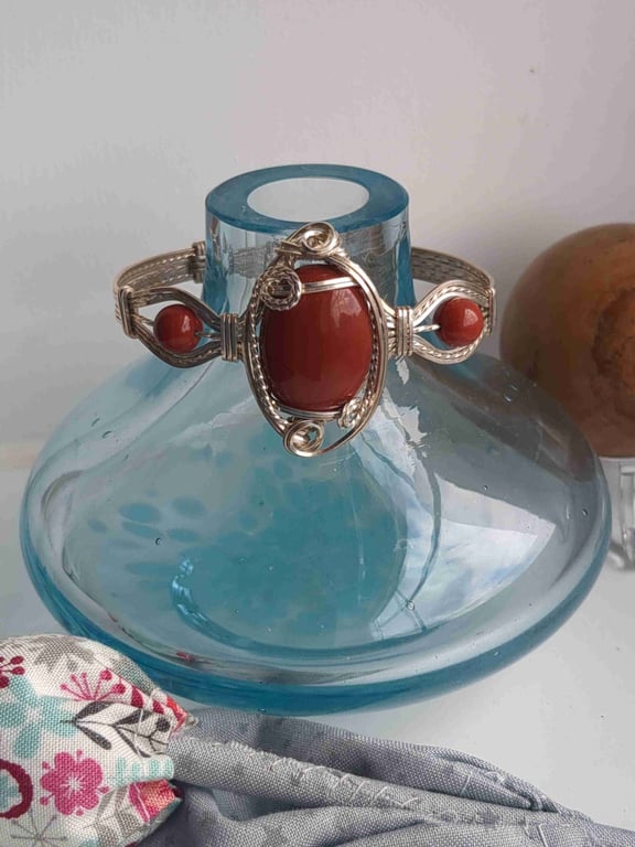 Red Brown Ocean Jasper Sterling Silver Bracelet 