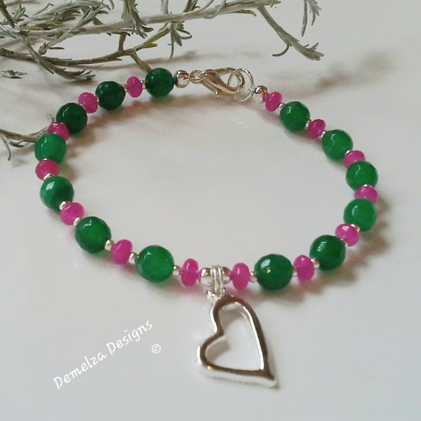 Green & Pink Faceted Quartzite Heart Bracelet
