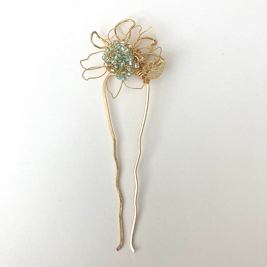 Gold Hair Fork 'Golden Flower’ and Aqua Glass Seed Beads 