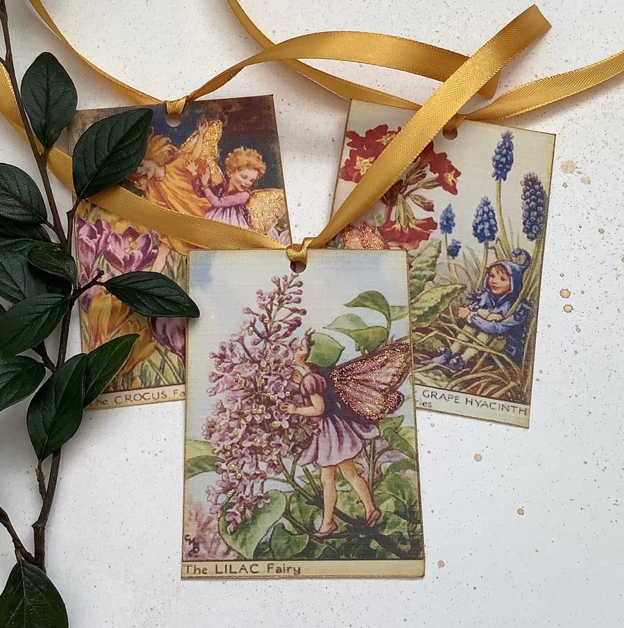 GIFT TAGS ( set of 3 ) vintage style . ' Flower Fairies - Spring mix . Lilac .