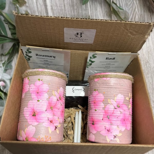 Cherry blossom Handmade Recycled Eco-Friendly Indoor Kitchen Herb Gift Set