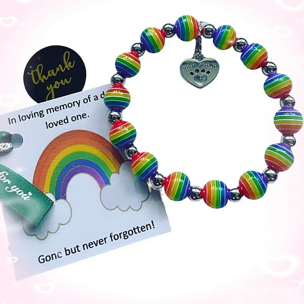 Paw heart charm in memory of dear pet stretch beaded rainbow bracelet 