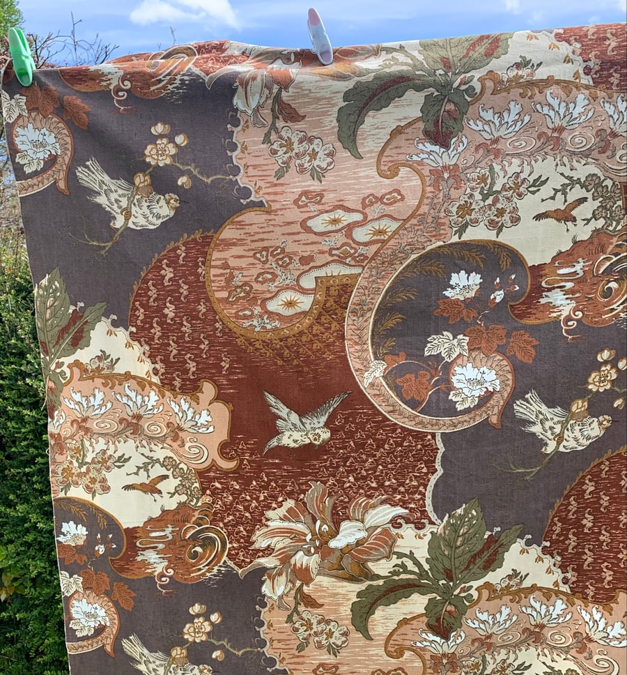 Large Piece Cottage Core Chinoiserie Bird Brown Grey MING Jonelle Vintage Fabric