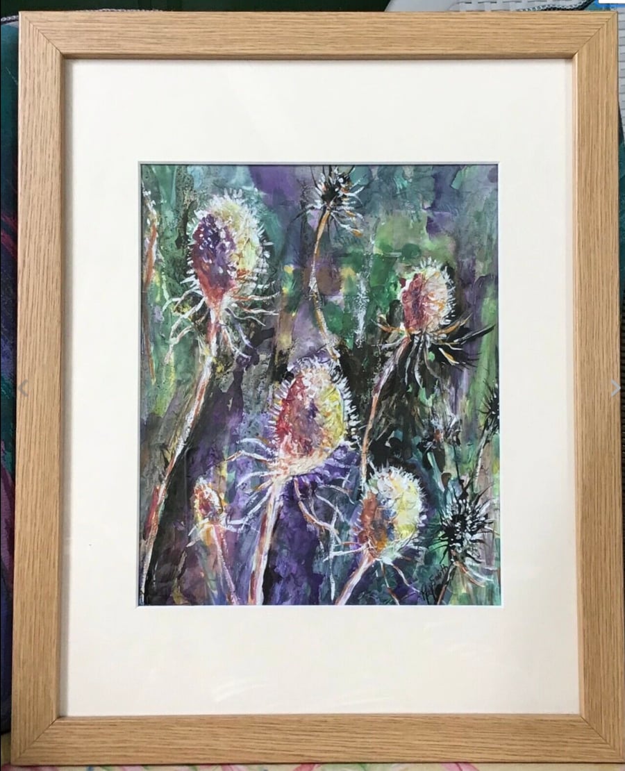 Original Mixed Media Painting, Teazles Framed 