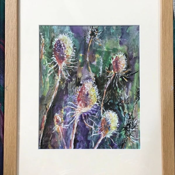 Original Mixed Media Painting, Teazles Framed 