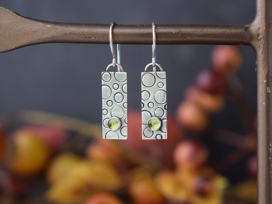 Rectangular Silver Earrings with Peridot Stones