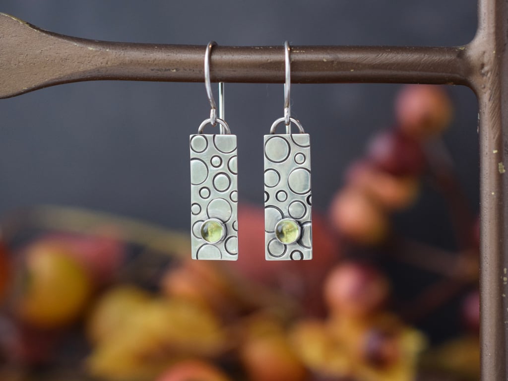 Rectangular Silver Earrings with Peridot Stones