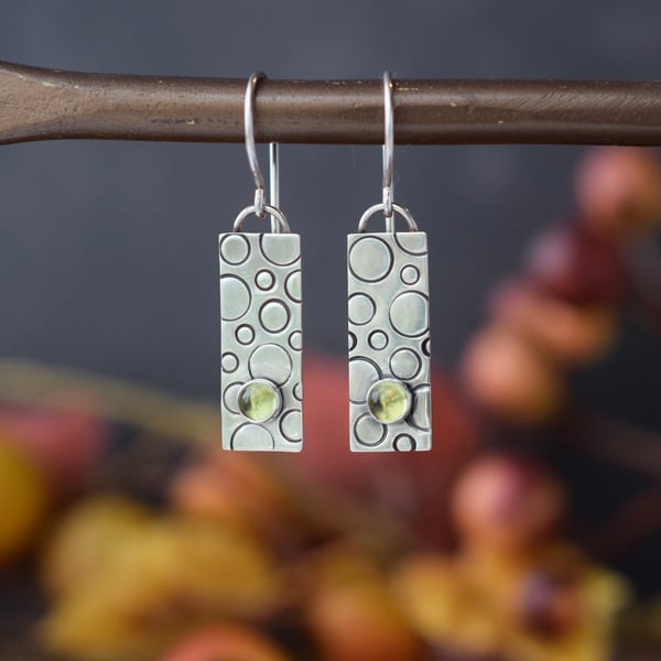 Rectangular Silver Earrings with Peridot Stones