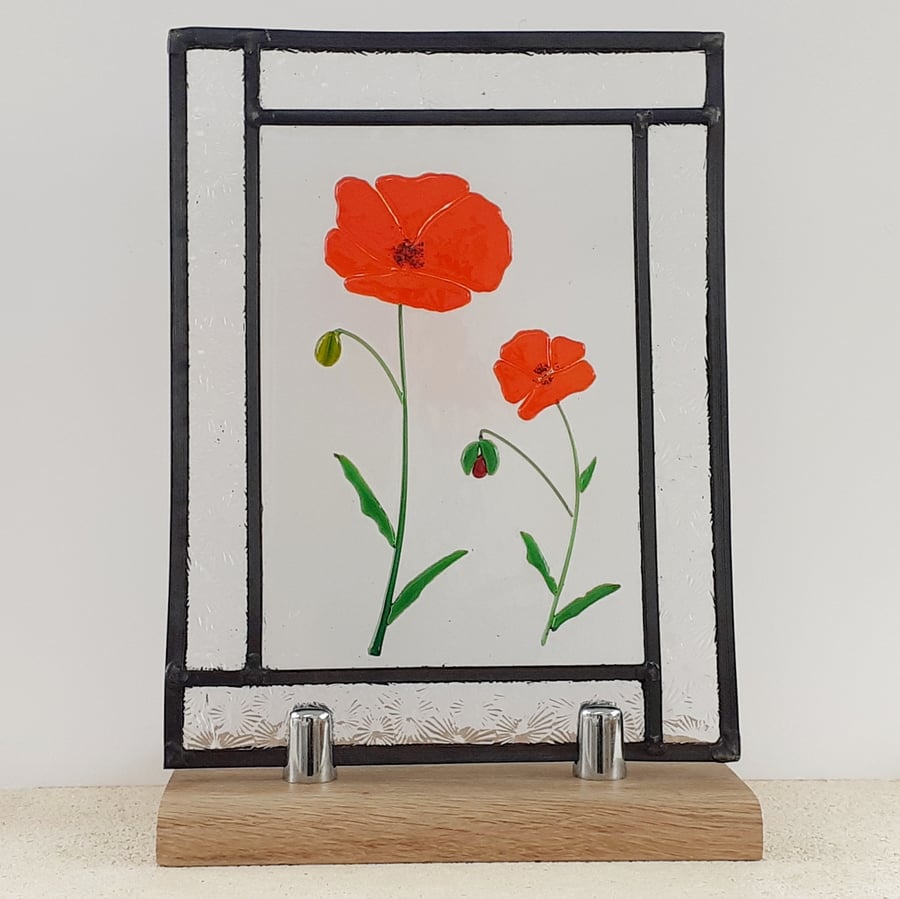 Leaded stained glass panel, with fused glass poppy flower design