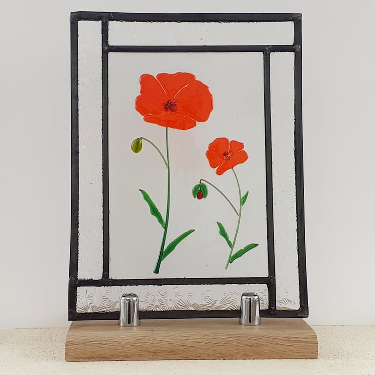 Leaded stained glass panel, with fused glass poppy flower design