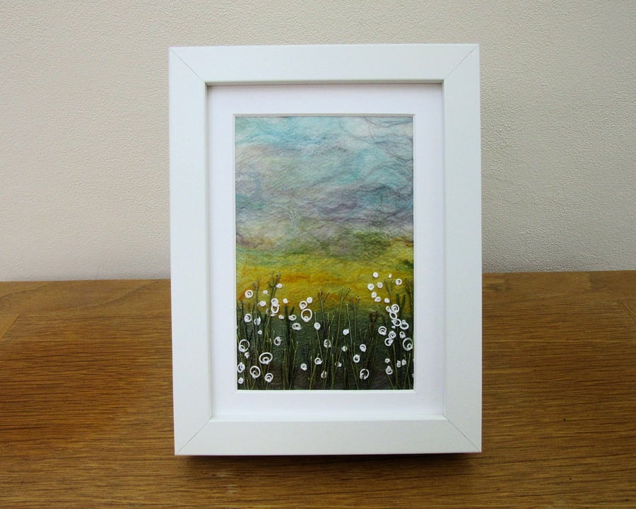 EMBROIDERED LANDSCAPE OF GOLDEN FIELDS.  Framed art  embroidery.