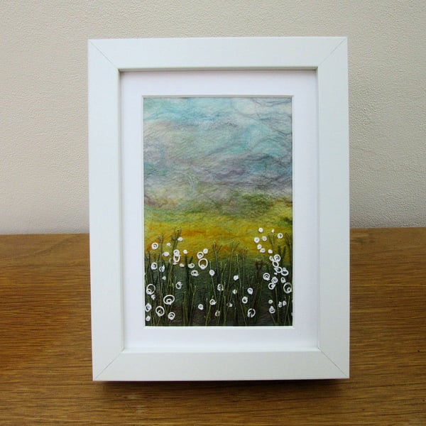 EMBROIDERED LANDSCAPE OF GOLDEN FIELDS.  Framed art  embroidery.
