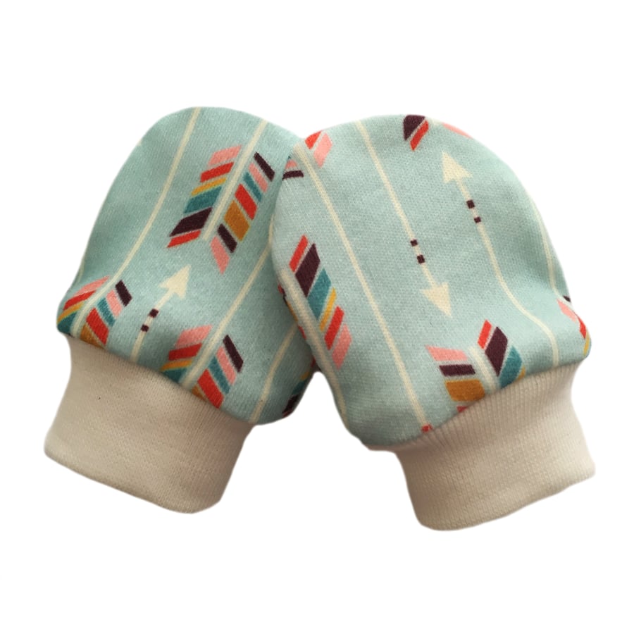 ORGANIC Baby SCRATCH MITTENS in MULTI ARROWS ON MINT  A New Baby Gift Idea