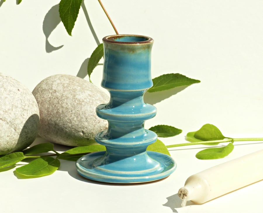 Aqua Blue Candlestick Candleholder Ceramic Wheelthrown Stoneware