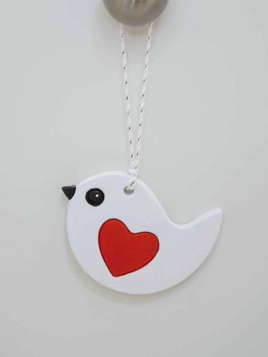Seconds Sunday Bird and heart clay hanging decoration - anniversary, valentines