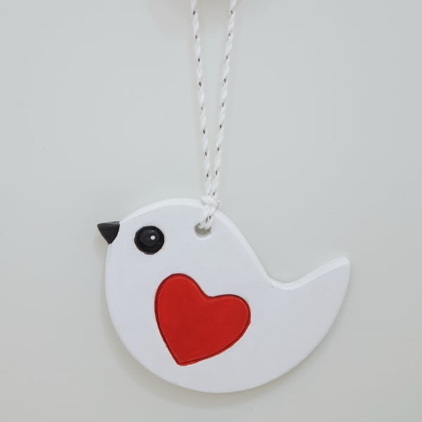 Seconds Sunday Bird and heart clay hanging decoration - anniversary, valentines