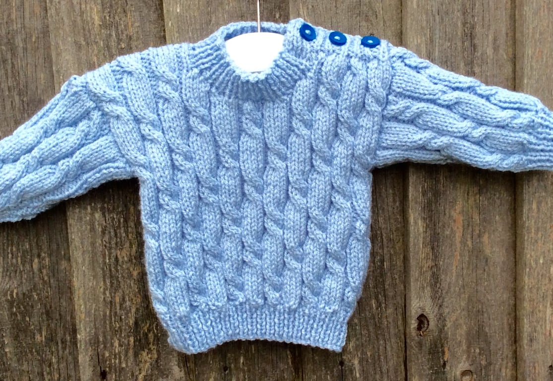 Baby jumper blue aran hand knit 3-6 months 