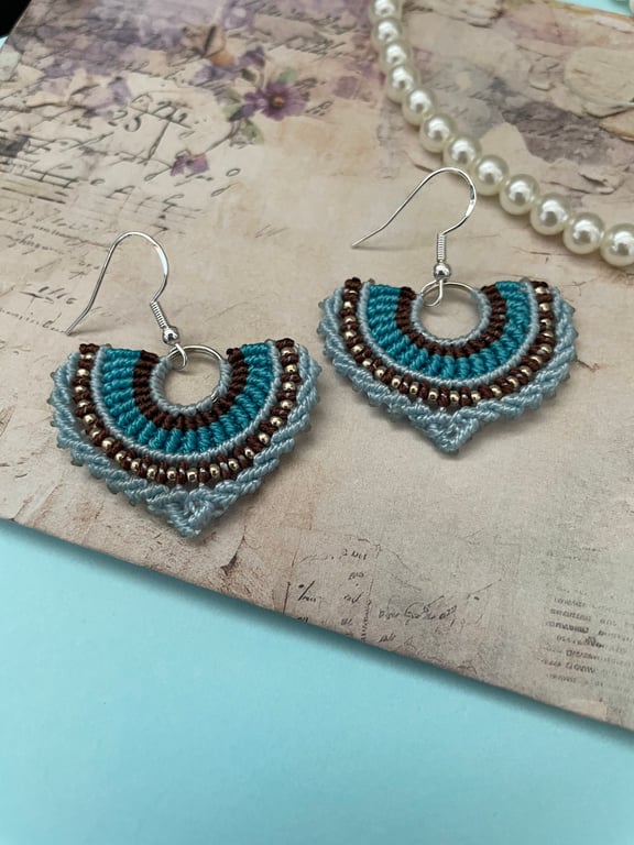 Pretty micro macrame hoop fan shaped micro macrame beaded boho earrings 