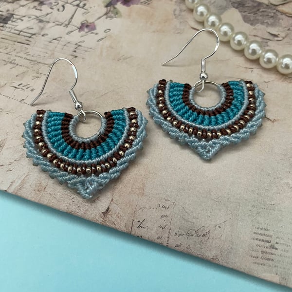 Pretty micro macrame hoop fan shaped micro macrame beaded boho earrings 