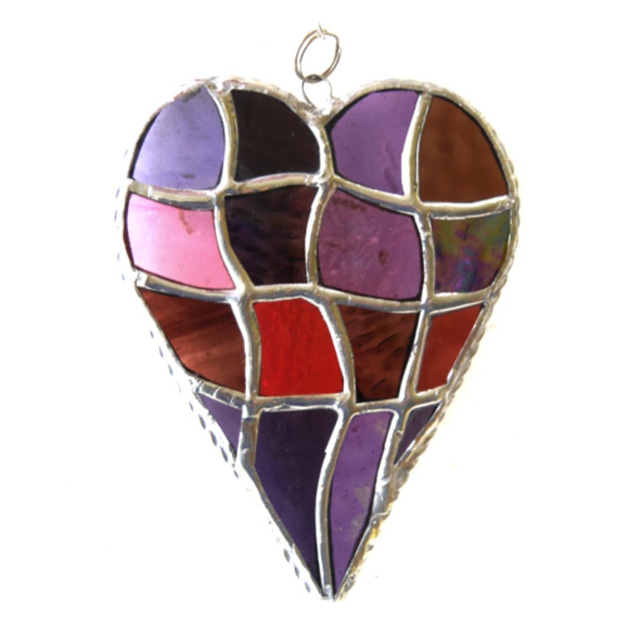 Patchwork Heart Suncatcher Stained Glass Handmade Purples 092