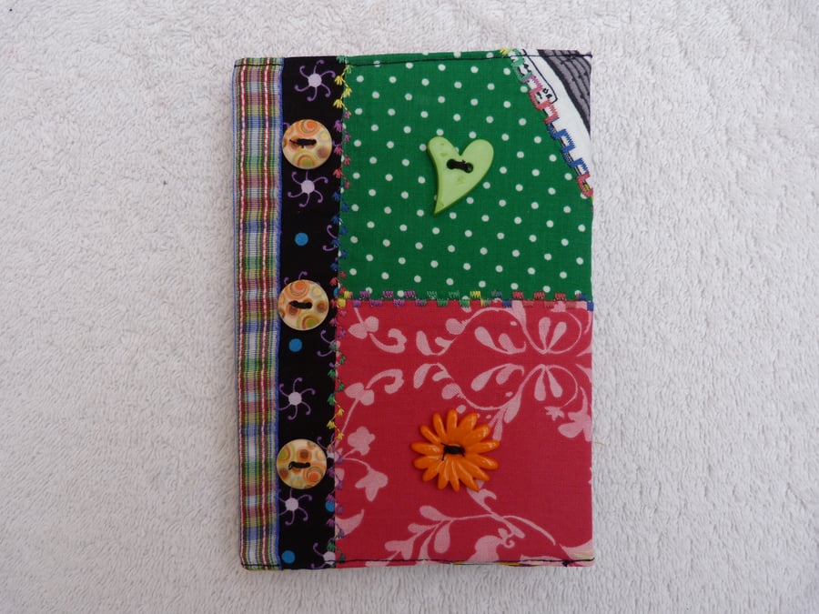A6 Crazy Patchwork Book Cover with Lined Notebook . Handbags and Heart Buttons