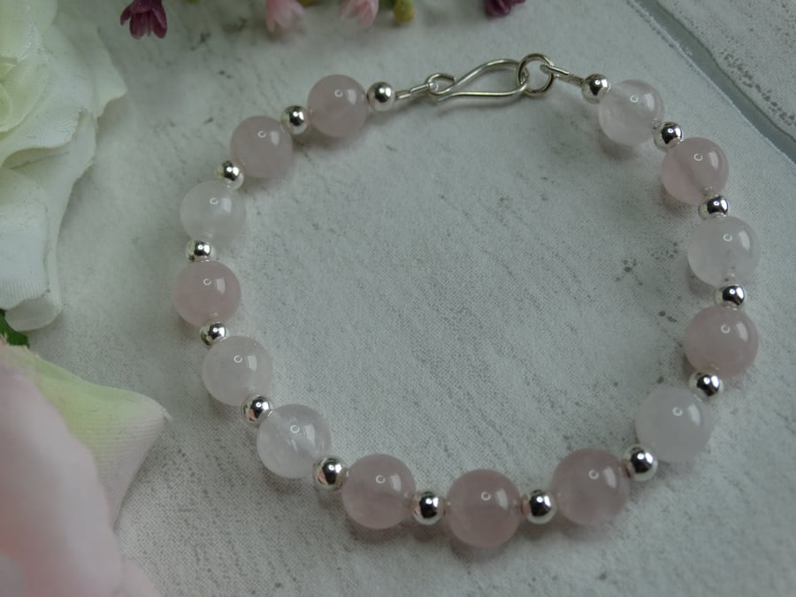 Rose quartz gemstone silver beaded bracelet heart chakra love
