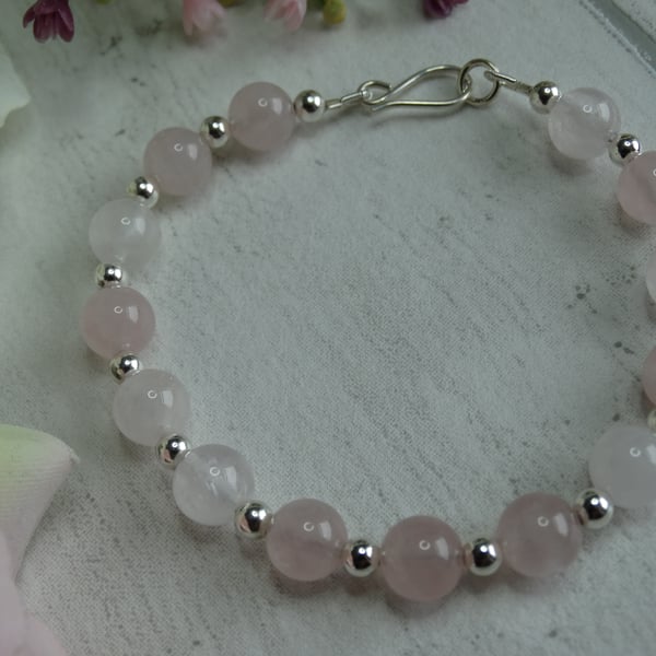 Rose quartz gemstone silver beaded bracelet heart chakra love