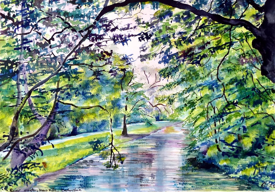 River Walk In Summer Framed Landscape Impressionist Watercolour Painting 